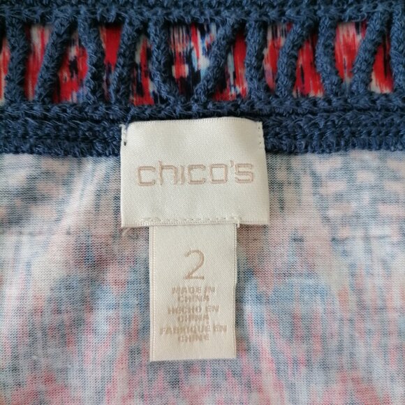 Chico’s Women's Blue Pink Crochet Abstract Ikat Print Blouse Top Size 2/USL - Picture 5 of 7